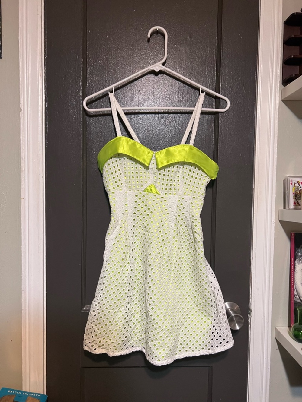 White Eyelet Mini Dress with Lime Green Accents